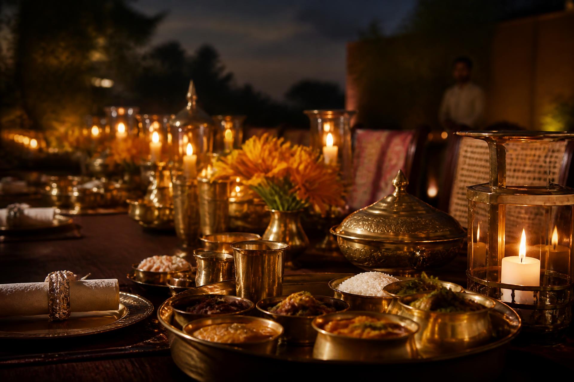 Candlelit Indian banquet table with brass serveware at dusk